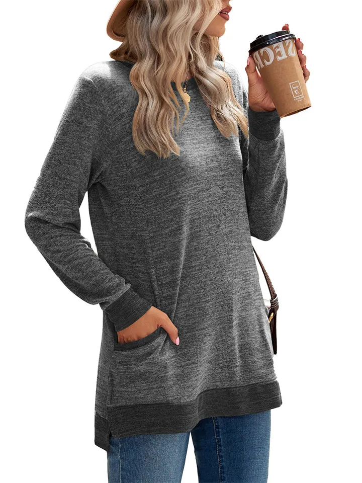 Women's Leisure Crew Neck Long Sleeve Fitted Shirt with Pocket