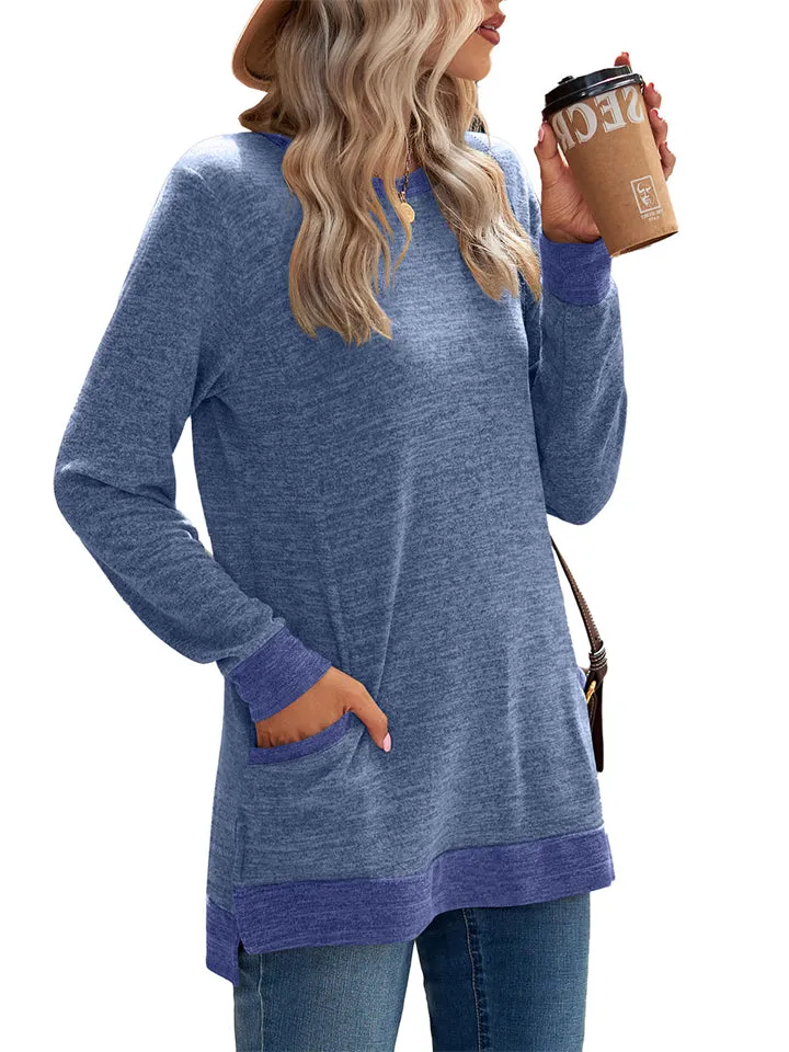 Women's Leisure Crew Neck Long Sleeve Fitted Shirt with Pocket