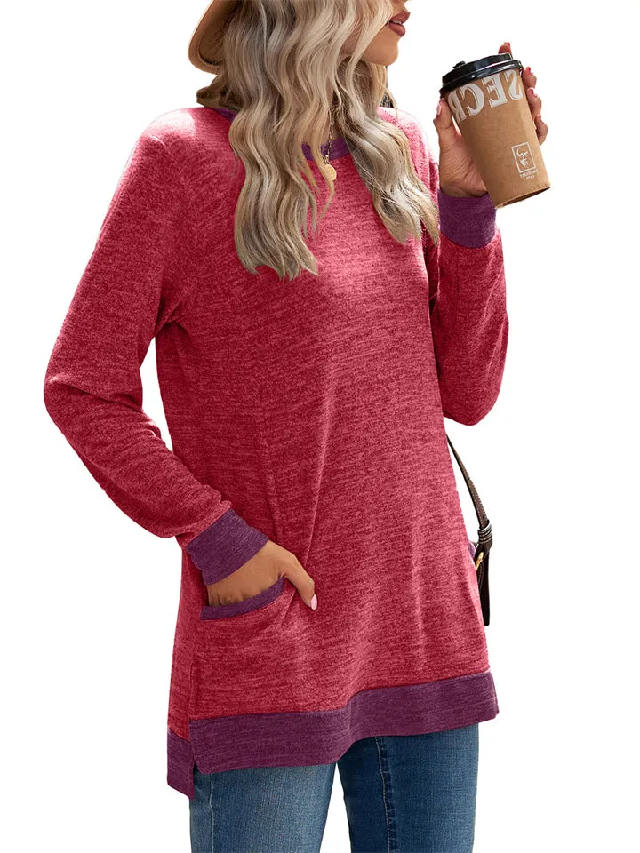 Women's Leisure Crew Neck Long Sleeve Fitted Shirt with Pocket