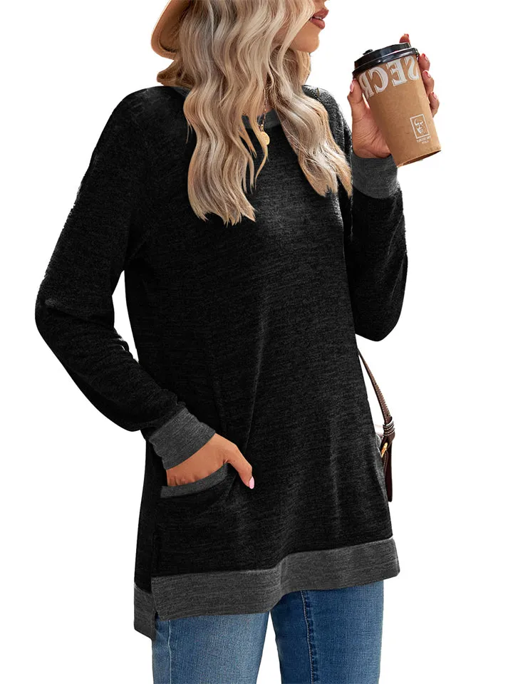 Women's Leisure Crew Neck Long Sleeve Fitted Shirt with Pocket