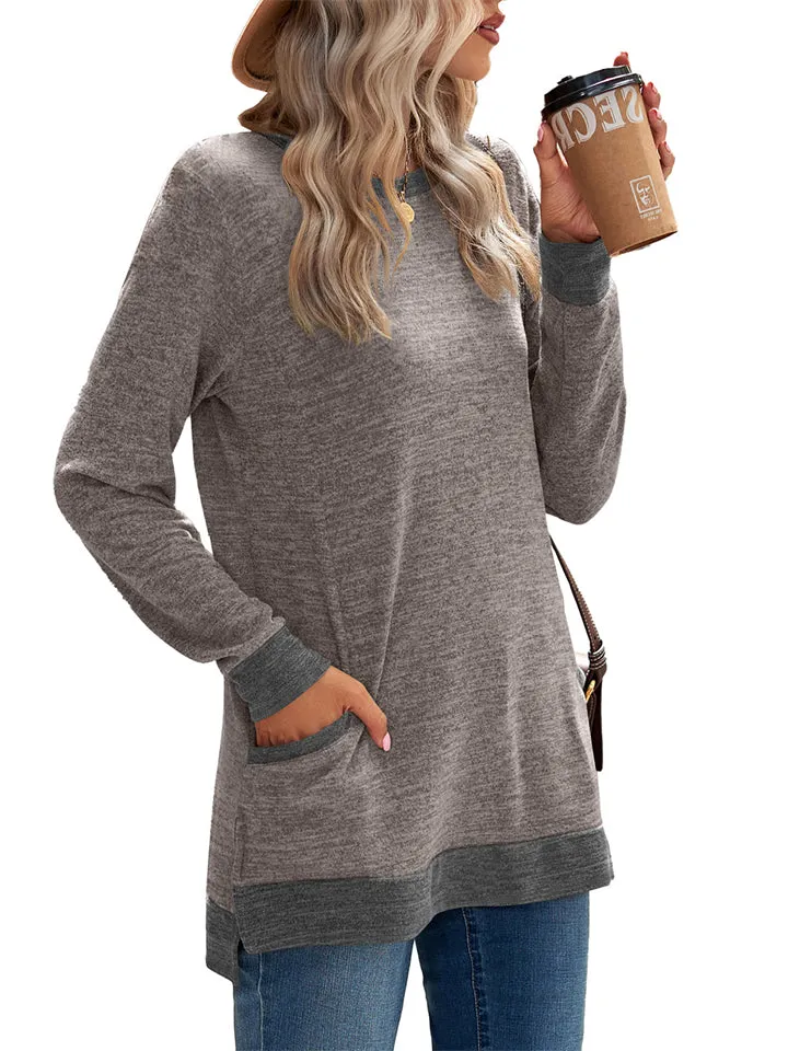 Women's Leisure Crew Neck Long Sleeve Fitted Shirt with Pocket