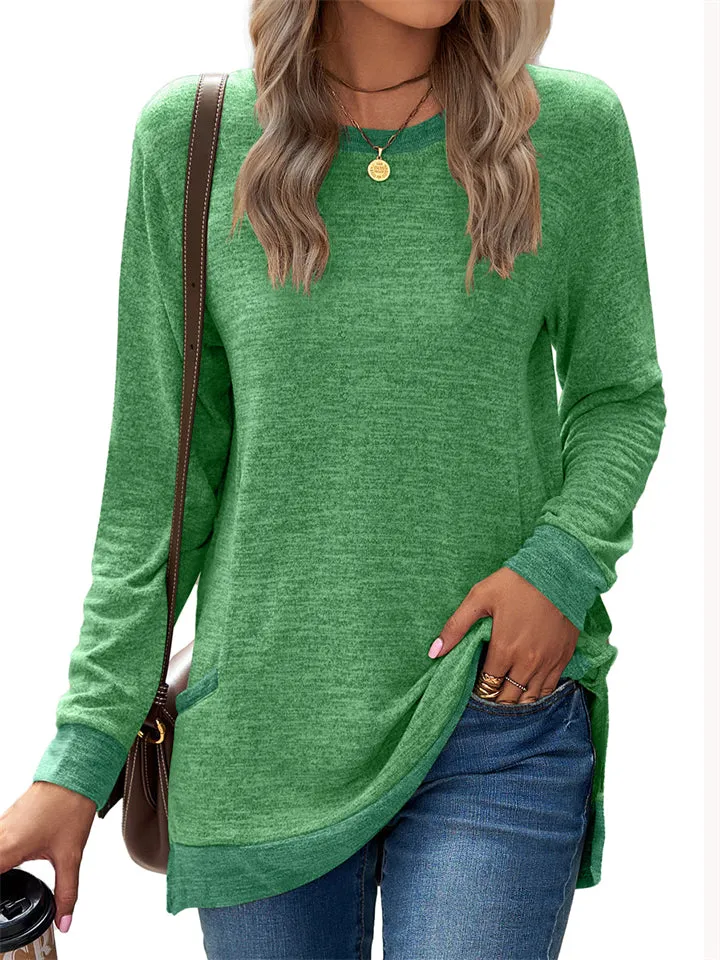 Women's Leisure Crew Neck Long Sleeve Fitted Shirt with Pocket