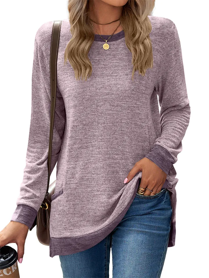 Women's Leisure Crew Neck Long Sleeve Fitted Shirt with Pocket