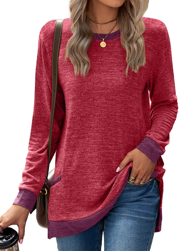 Women's Leisure Crew Neck Long Sleeve Fitted Shirt with Pocket