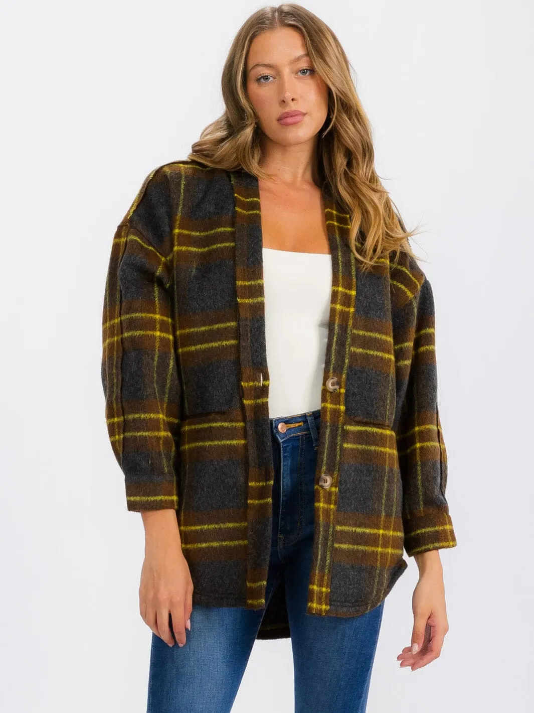 WOMEN'S LONG SLEEVE BUTTON CLOSURE FRONT POCKETS PLAID JACKET