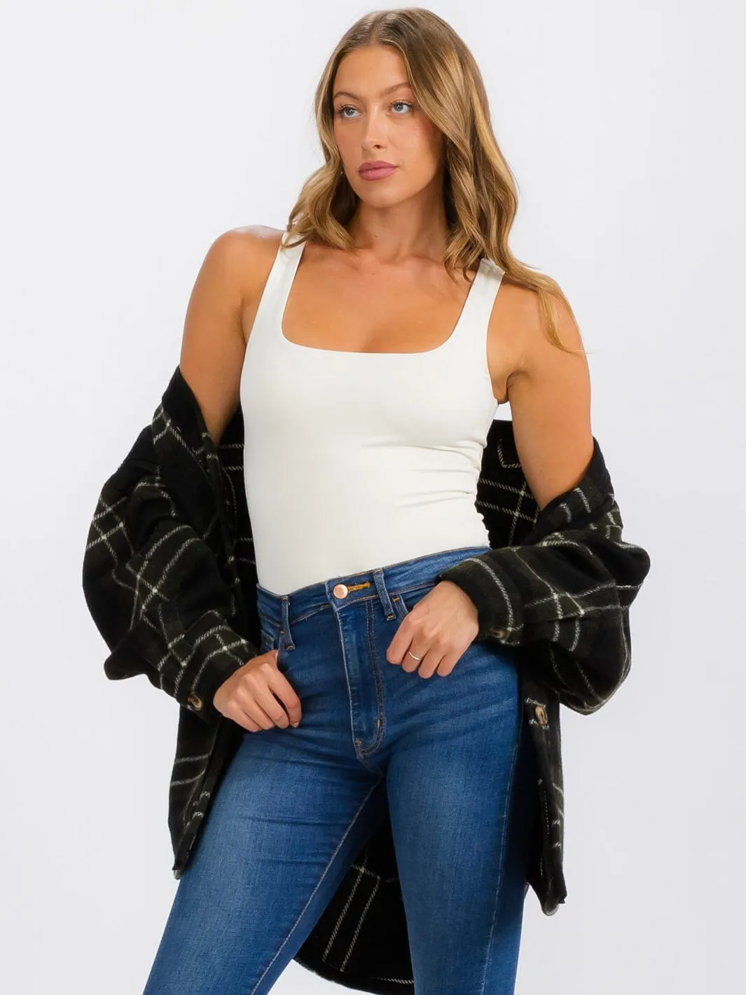 WOMEN'S LONG SLEEVE BUTTON CLOSURE FRONT POCKETS PLAID JACKET