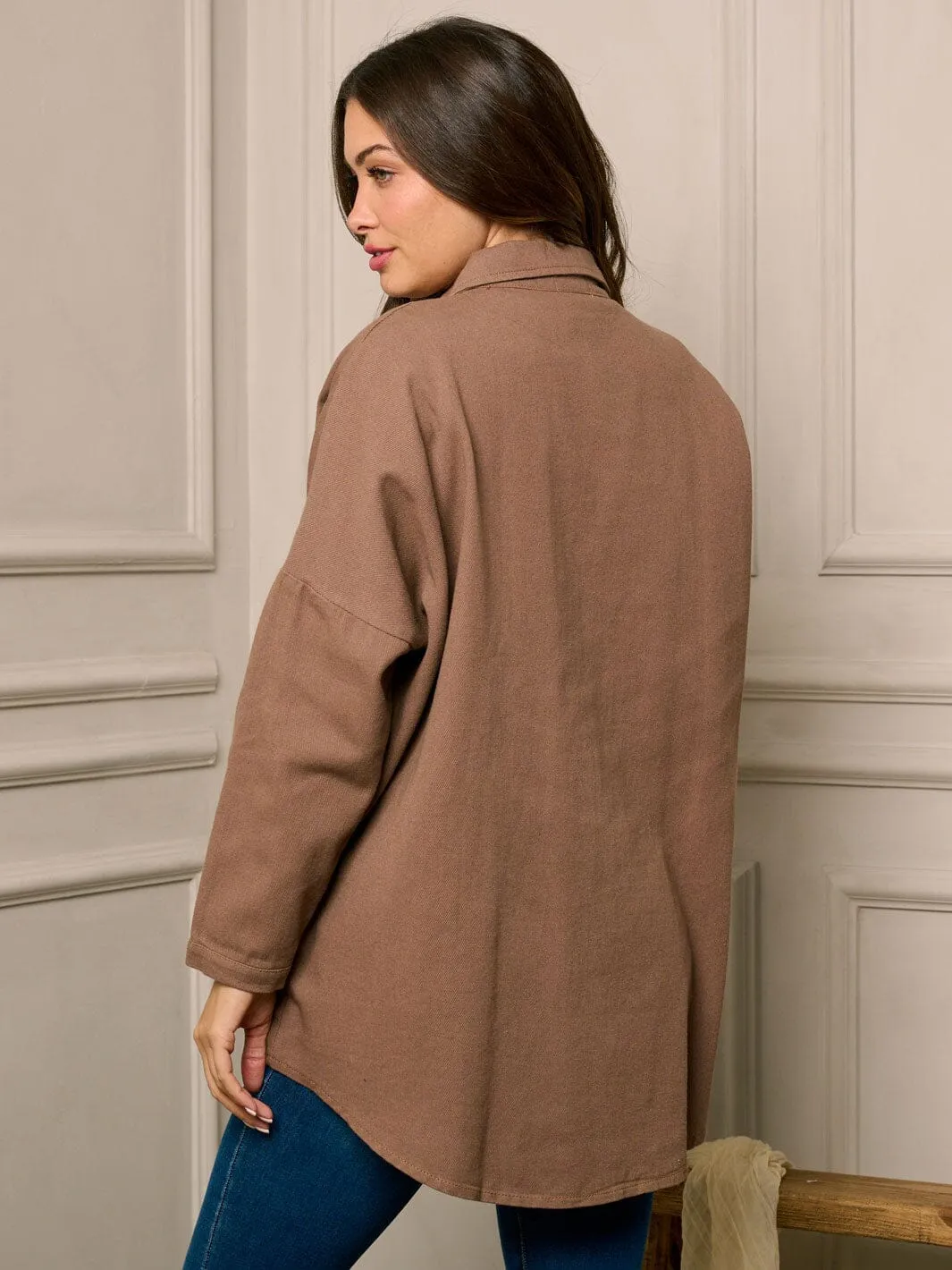 WOMEN'S LONG SLEEVE BUTTON CLOSURE OVERSIZED DENIM TOP