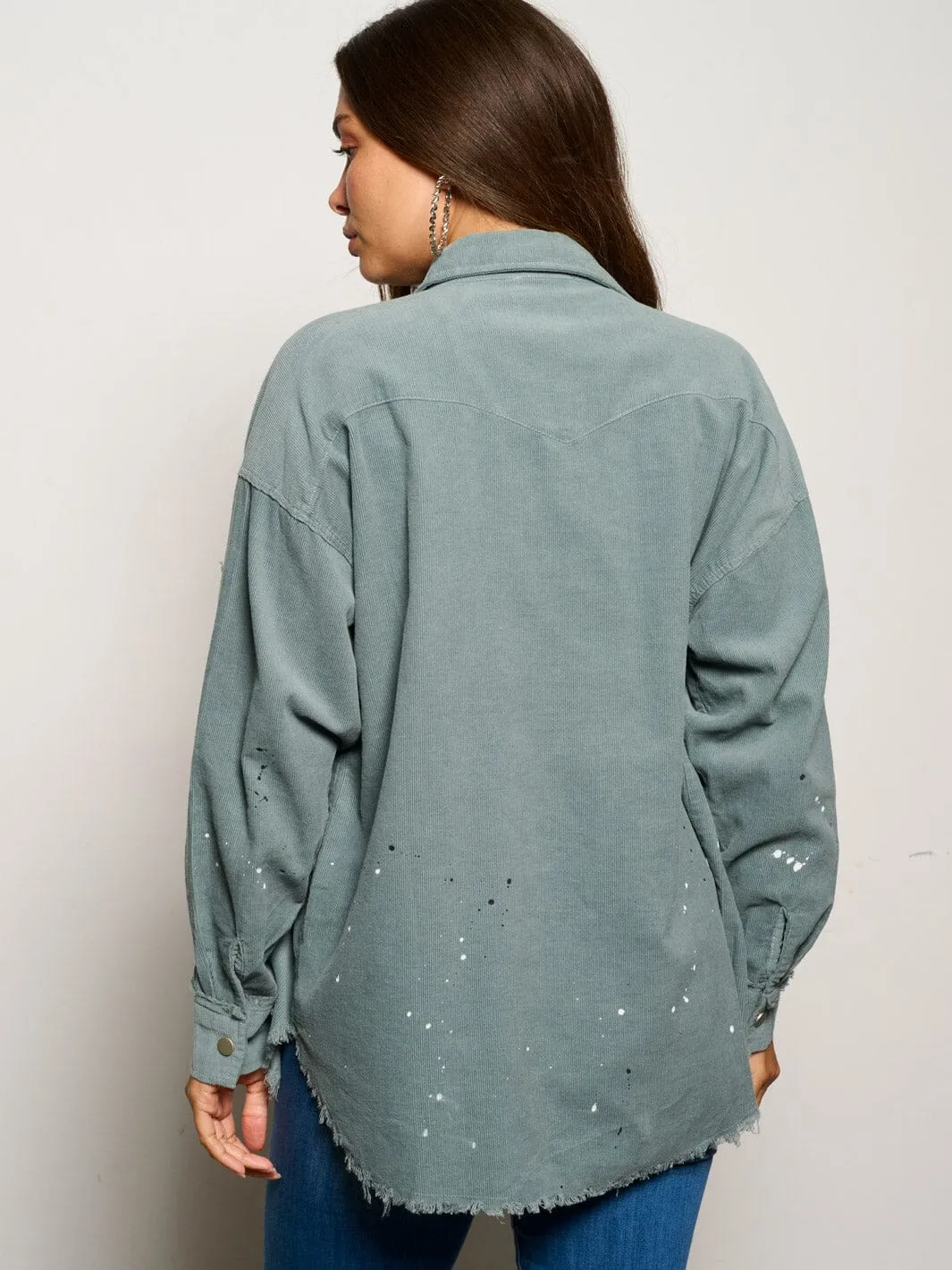 WOMEN'S LONG SLEEVE BUTTON CLOSURE PAINT SPLATTER CORDUROY TOP