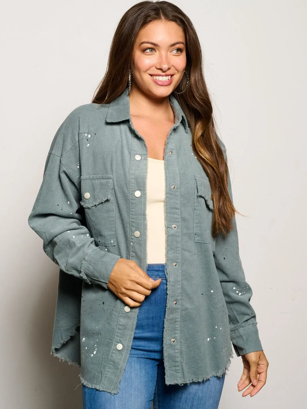 WOMEN'S LONG SLEEVE BUTTON CLOSURE PAINT SPLATTER CORDUROY TOP