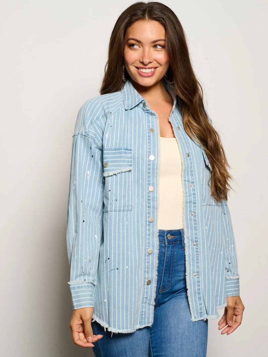 WOMEN'S LONG SLEEVE BUTTON CLOSURE PAINT SPLATTER DENIM TOP