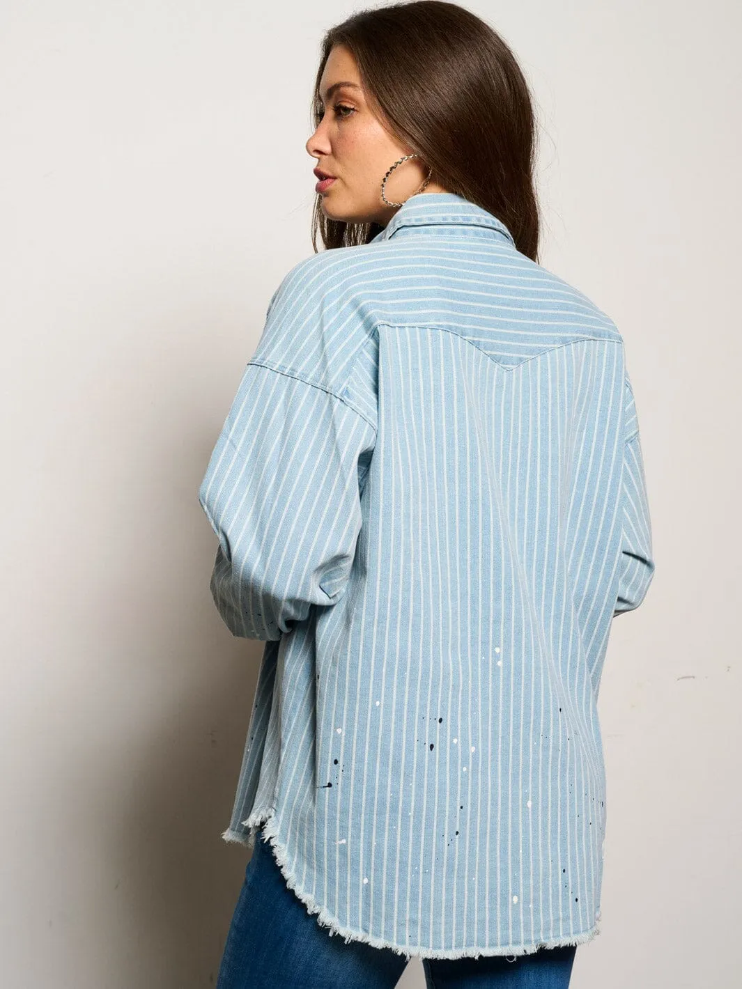 WOMEN'S LONG SLEEVE BUTTON CLOSURE PAINT SPLATTER DENIM TOP