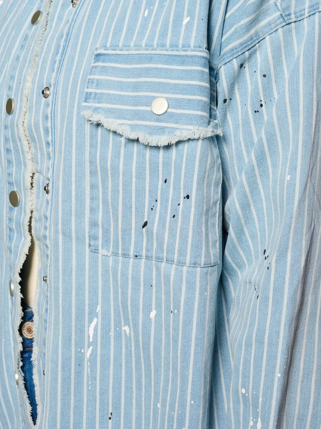 WOMEN'S LONG SLEEVE BUTTON CLOSURE PAINT SPLATTER DENIM TOP