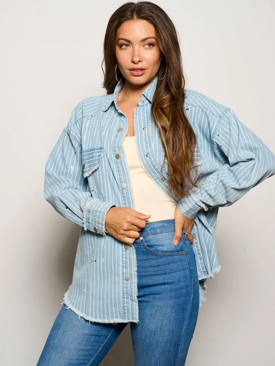 WOMEN'S LONG SLEEVE BUTTON CLOSURE PAINT SPLATTER DENIM TOP