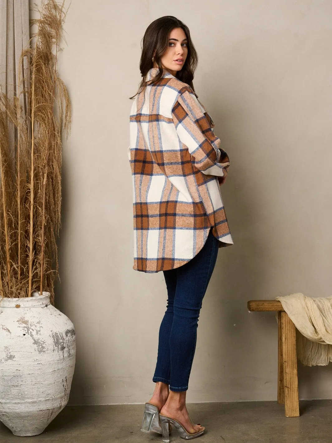 WOMEN'S LONG SLEEVE BUTTON UP POCKETS PLAID JACKET