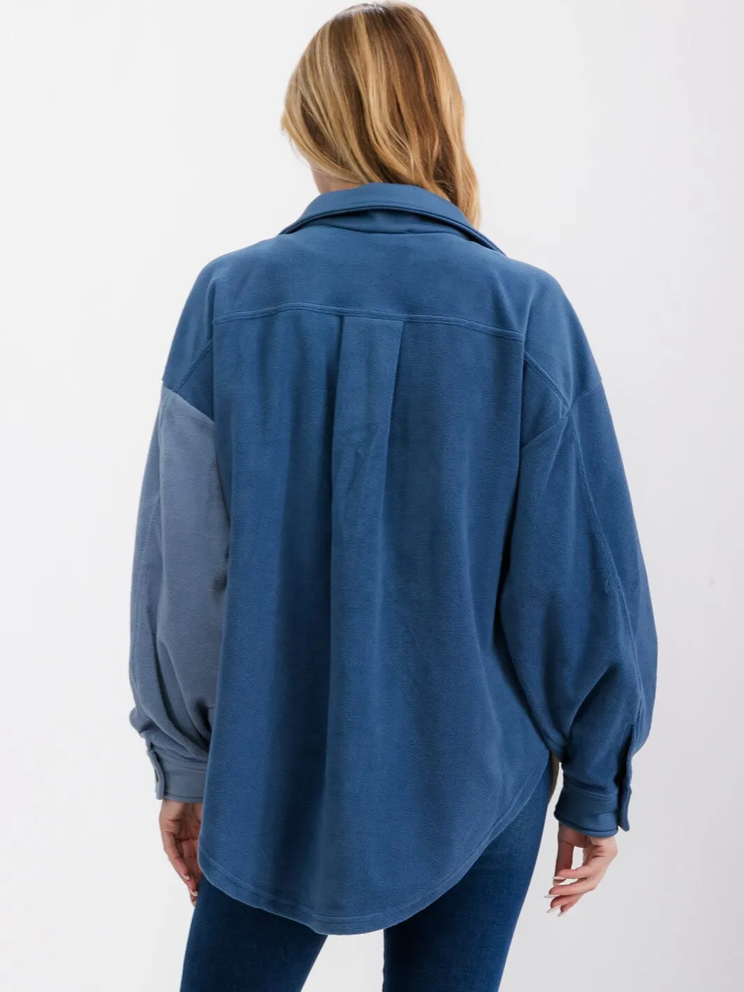 WOMEN'S LONG SLEEVE FRONT POCKETS BUTTON UP OVERSIZED COLOBLOCK SHACKET