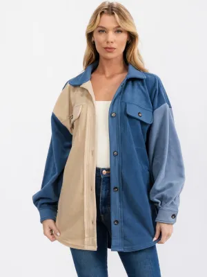 WOMEN'S LONG SLEEVE FRONT POCKETS BUTTON UP OVERSIZED COLOBLOCK SHACKET