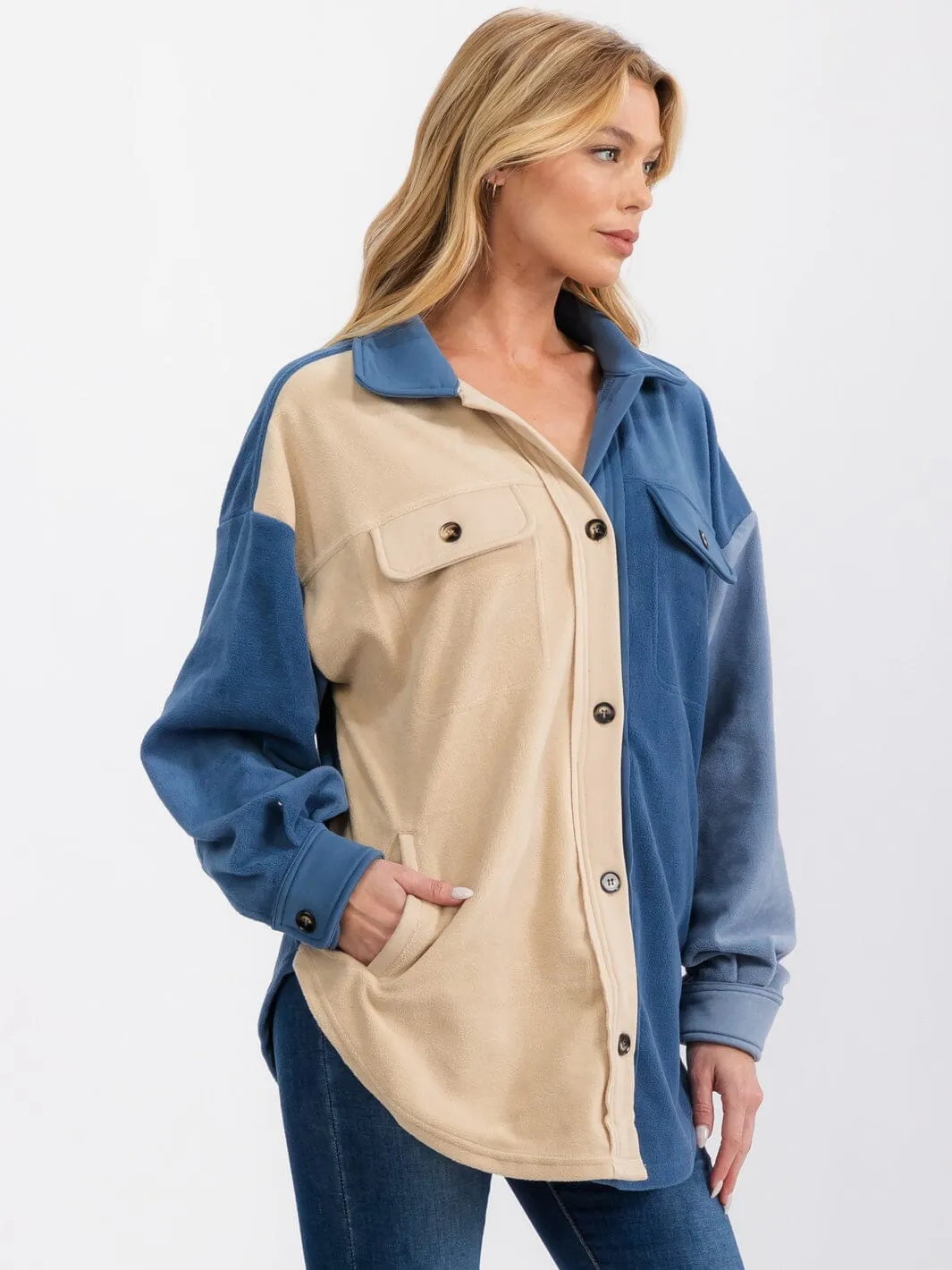 WOMEN'S LONG SLEEVE FRONT POCKETS BUTTON UP OVERSIZED COLOBLOCK SHACKET