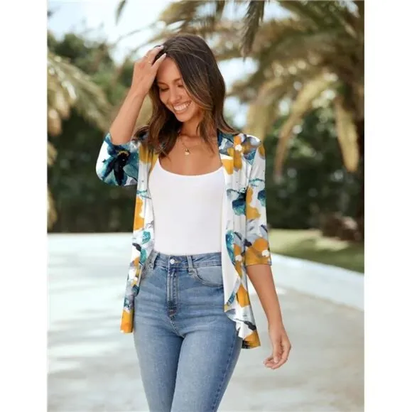 Women's Open Front Cardigan 3/4 Sleeve Draped Ruffles Soft Knit Sweaters