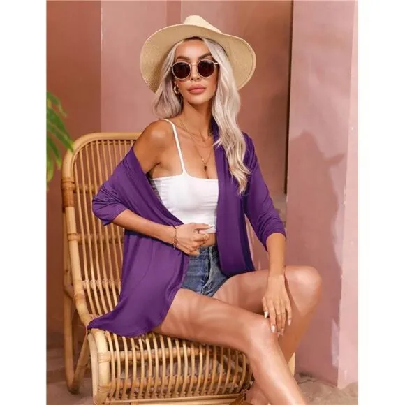 Women's Open Front Cardigan 3/4 Sleeve Draped Ruffles Soft Knit Sweaters