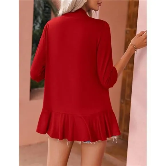 Women's Open Front Cardigan 3/4 Sleeve Draped Ruffles Soft Knit Sweaters