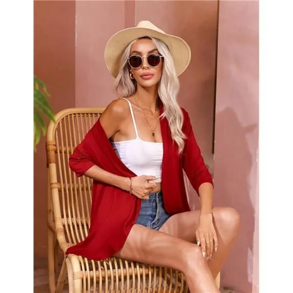 Women's Open Front Cardigan 3/4 Sleeve Draped Ruffles Soft Knit Sweaters