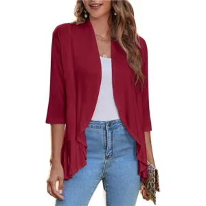 Women's Open Front Cardigan 3/4 Sleeve Draped Ruffles Soft Knit Sweaters