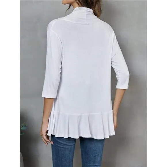 Women's Open Front Cardigan 3/4 Sleeve Draped Ruffles Soft Knit Sweaters
