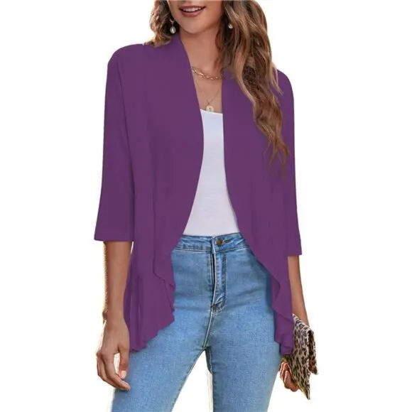 Women's Open Front Cardigan 3/4 Sleeve Draped Ruffles Soft Knit Sweaters