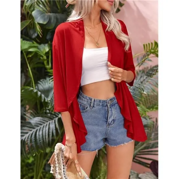 Women's Open Front Cardigan 3/4 Sleeve Draped Ruffles Soft Knit Sweaters