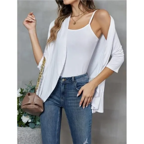 Women's Open Front Cardigan 3/4 Sleeve Draped Ruffles Soft Knit Sweaters