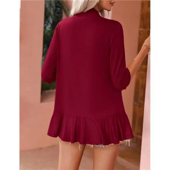 Women's Open Front Cardigan 3/4 Sleeve Draped Ruffles Soft Knit Sweaters