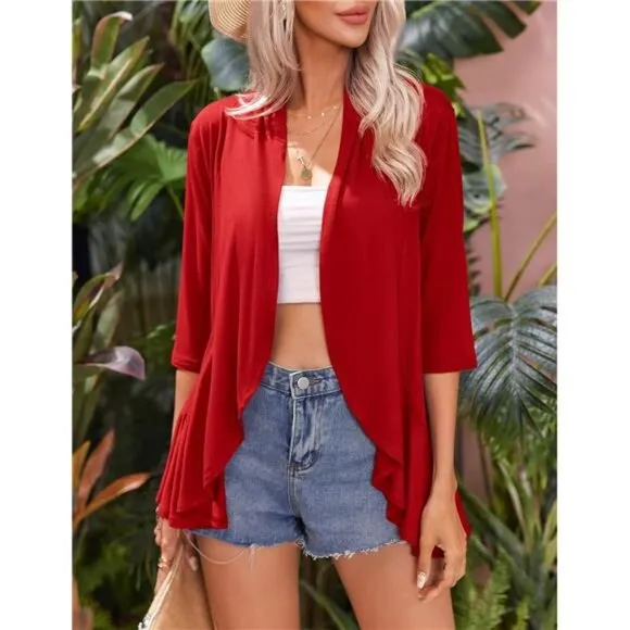 Women's Open Front Cardigan 3/4 Sleeve Draped Ruffles Soft Knit Sweaters