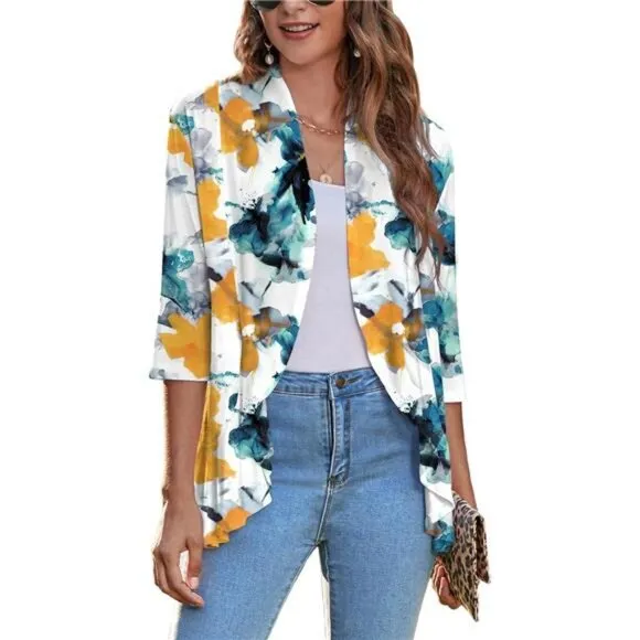 Women's Open Front Cardigan 3/4 Sleeve Draped Ruffles Soft Knit Sweaters