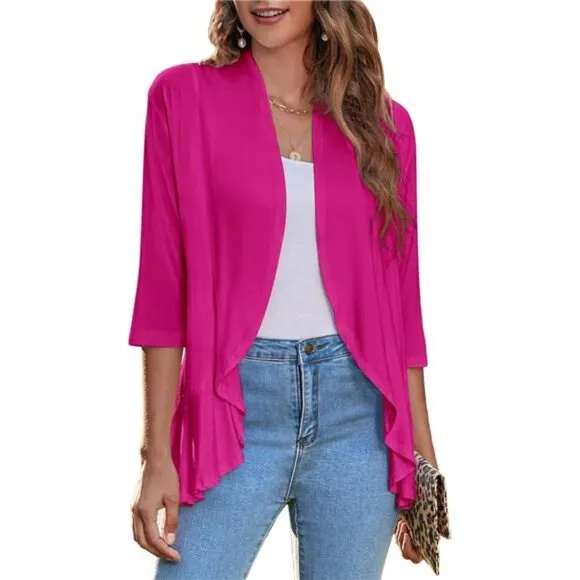 Women's Open Front Cardigan 3/4 Sleeve Draped Ruffles Soft Knit Sweaters