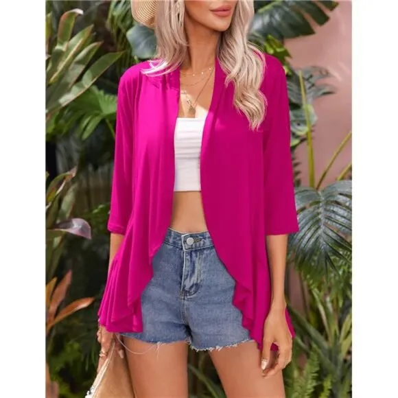 Women's Open Front Cardigan 3/4 Sleeve Draped Ruffles Soft Knit Sweaters