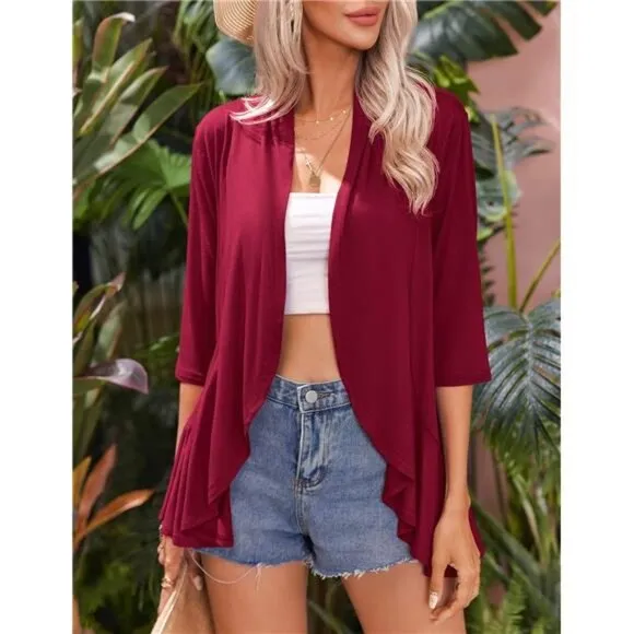 Women's Open Front Cardigan 3/4 Sleeve Draped Ruffles Soft Knit Sweaters