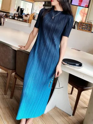 Women's Pleated Sexy A-line Long Pleated Dress O-Neck Cocktail Dress