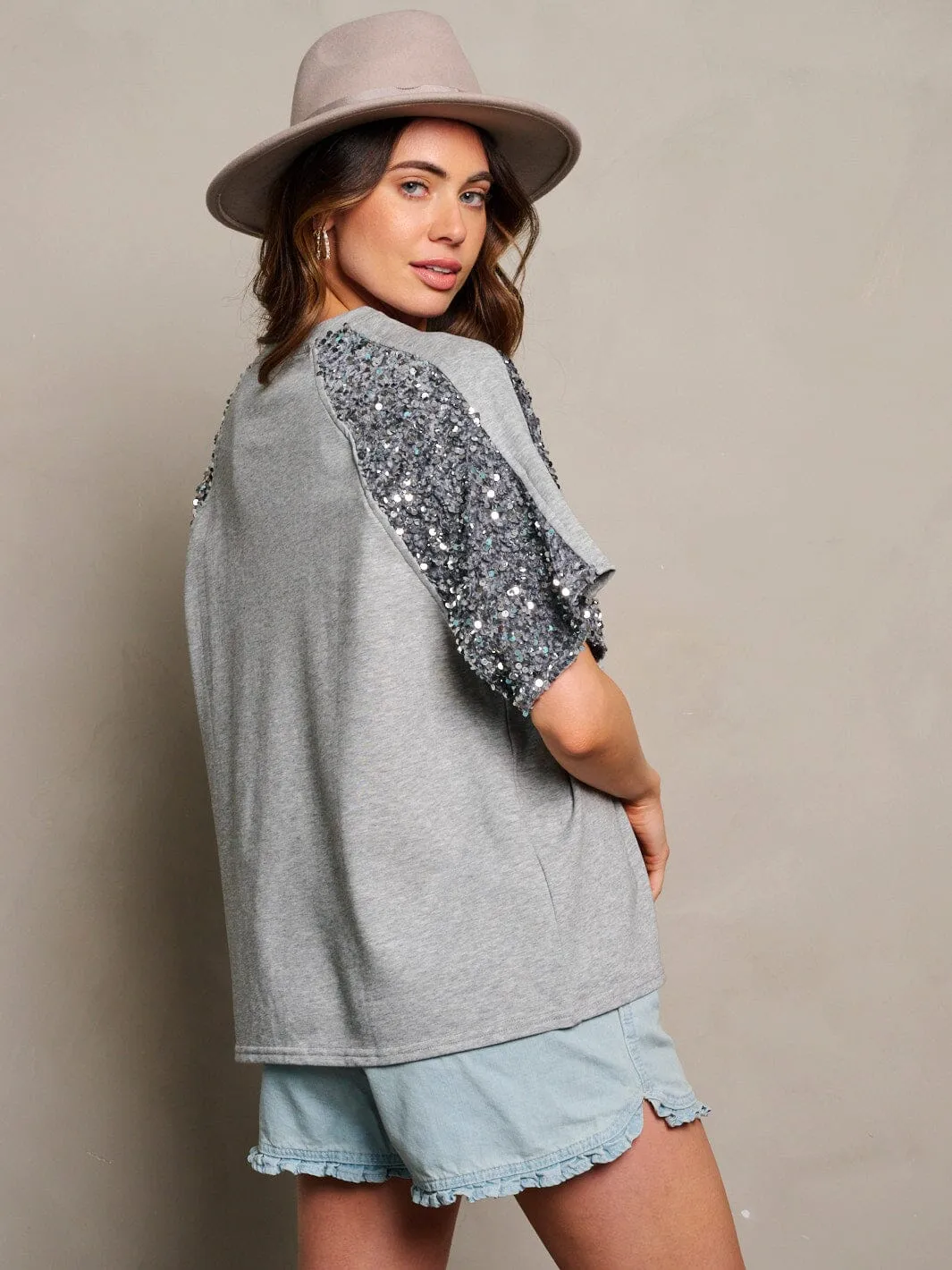 WOMEN'S SHORT SEQUINS SLEEVE BLOUSE TOP