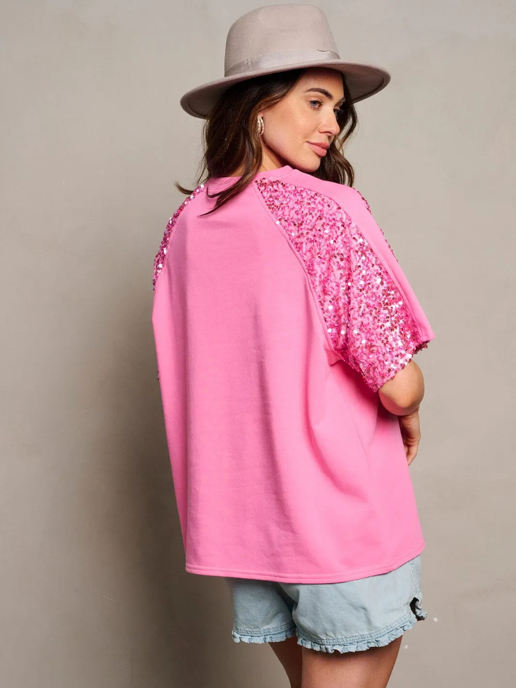 WOMEN'S SHORT SEQUINS SLEEVE BLOUSE TOP