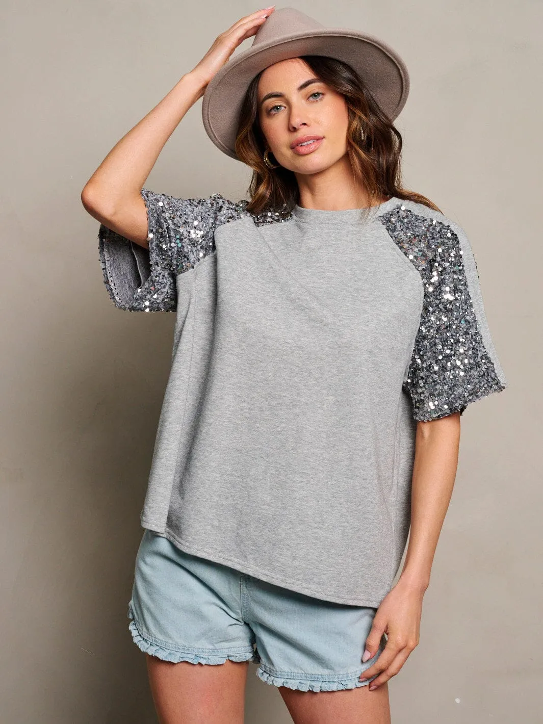 WOMEN'S SHORT SEQUINS SLEEVE BLOUSE TOP