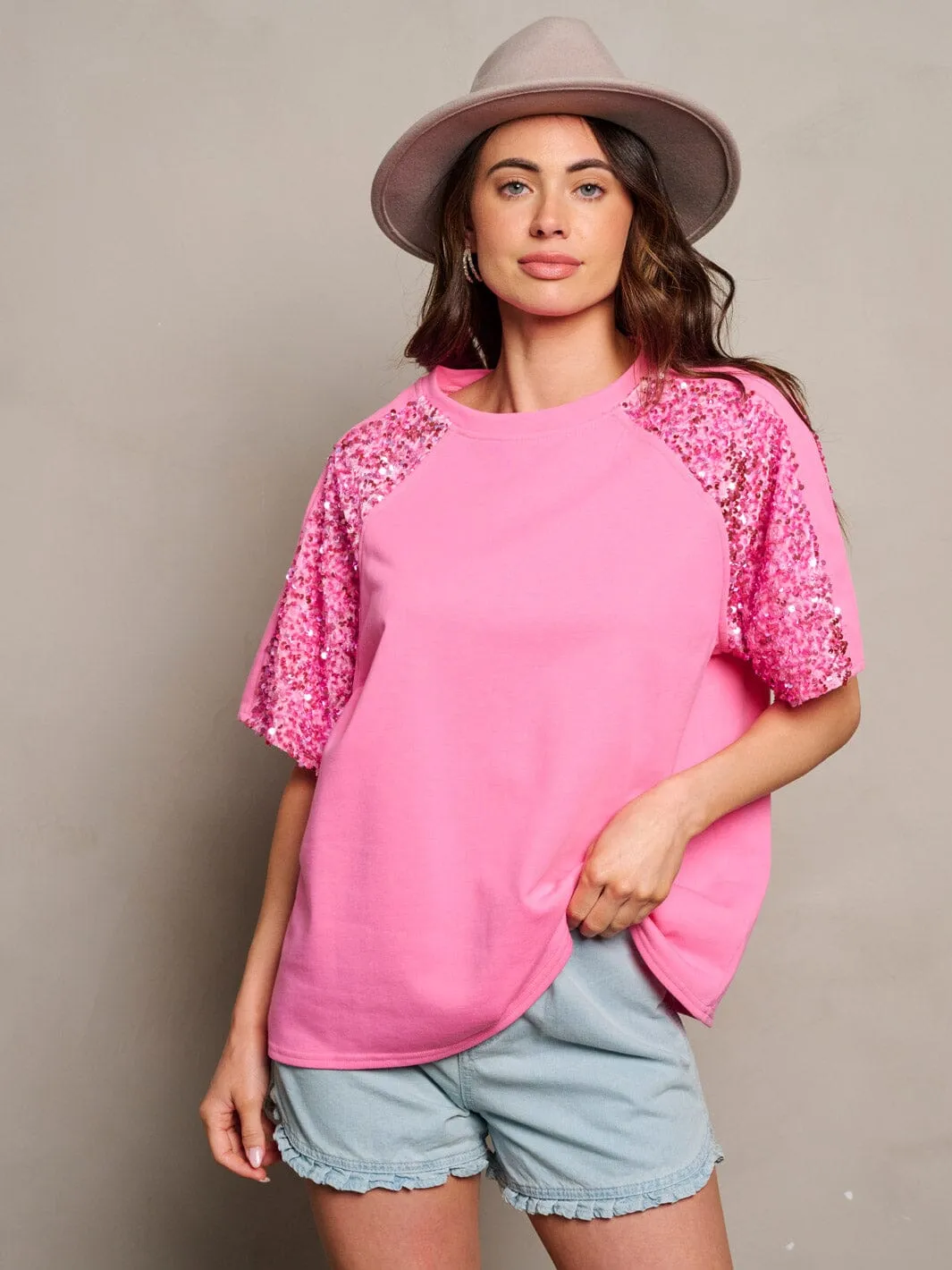 WOMEN'S SHORT SEQUINS SLEEVE BLOUSE TOP