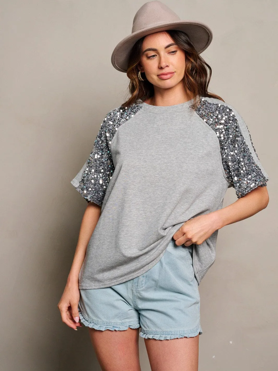 WOMEN'S SHORT SEQUINS SLEEVE BLOUSE TOP
