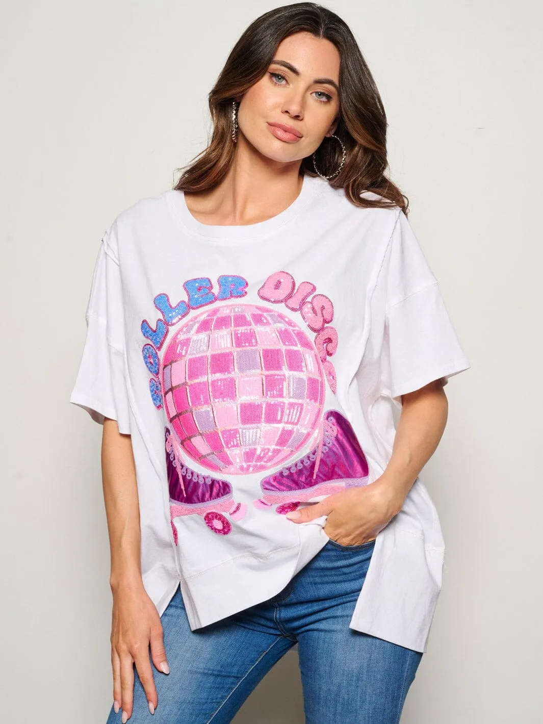 WOMEN'S SHORT SLEEVE SEQUINS GRAPHIC OVERSIZED TOP