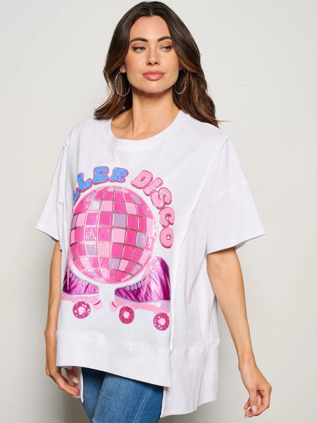 WOMEN'S SHORT SLEEVE SEQUINS GRAPHIC OVERSIZED TOP