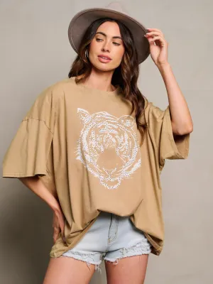 WOMEN'S SHORT SLEEVE STUDS GRAPHIC DETAILED OVERSIZED TOP