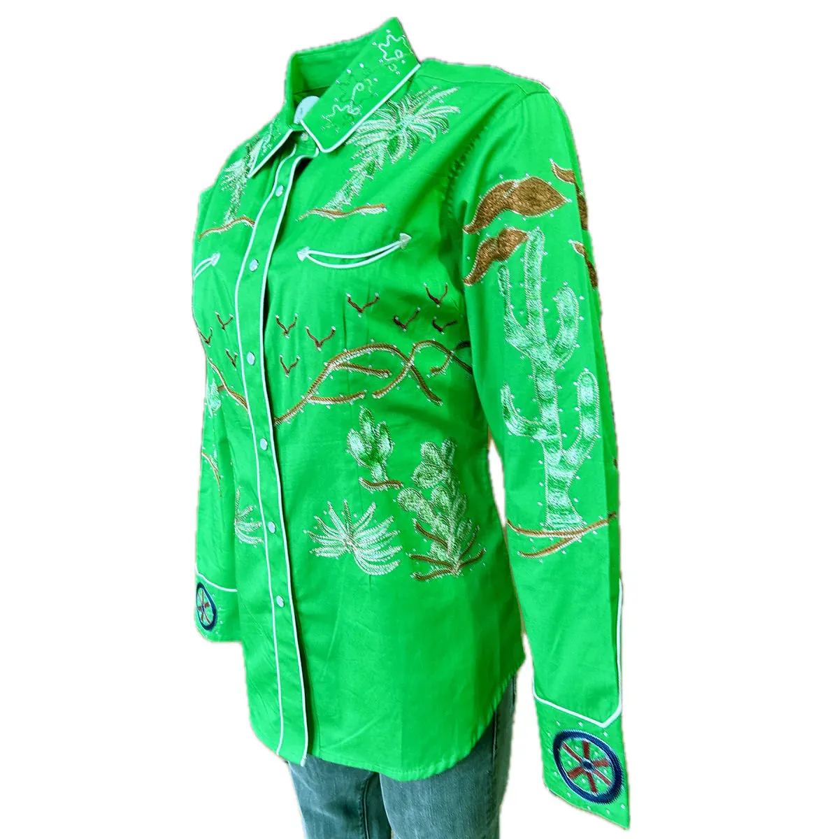 Women's Vintage Western Shirt Collection: Rockmount Fancy Palm Trees Wagon Wheels Green