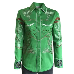 Women's Vintage Western Shirt Collection: Rockmount Fancy Palm Trees Wagon Wheels Green