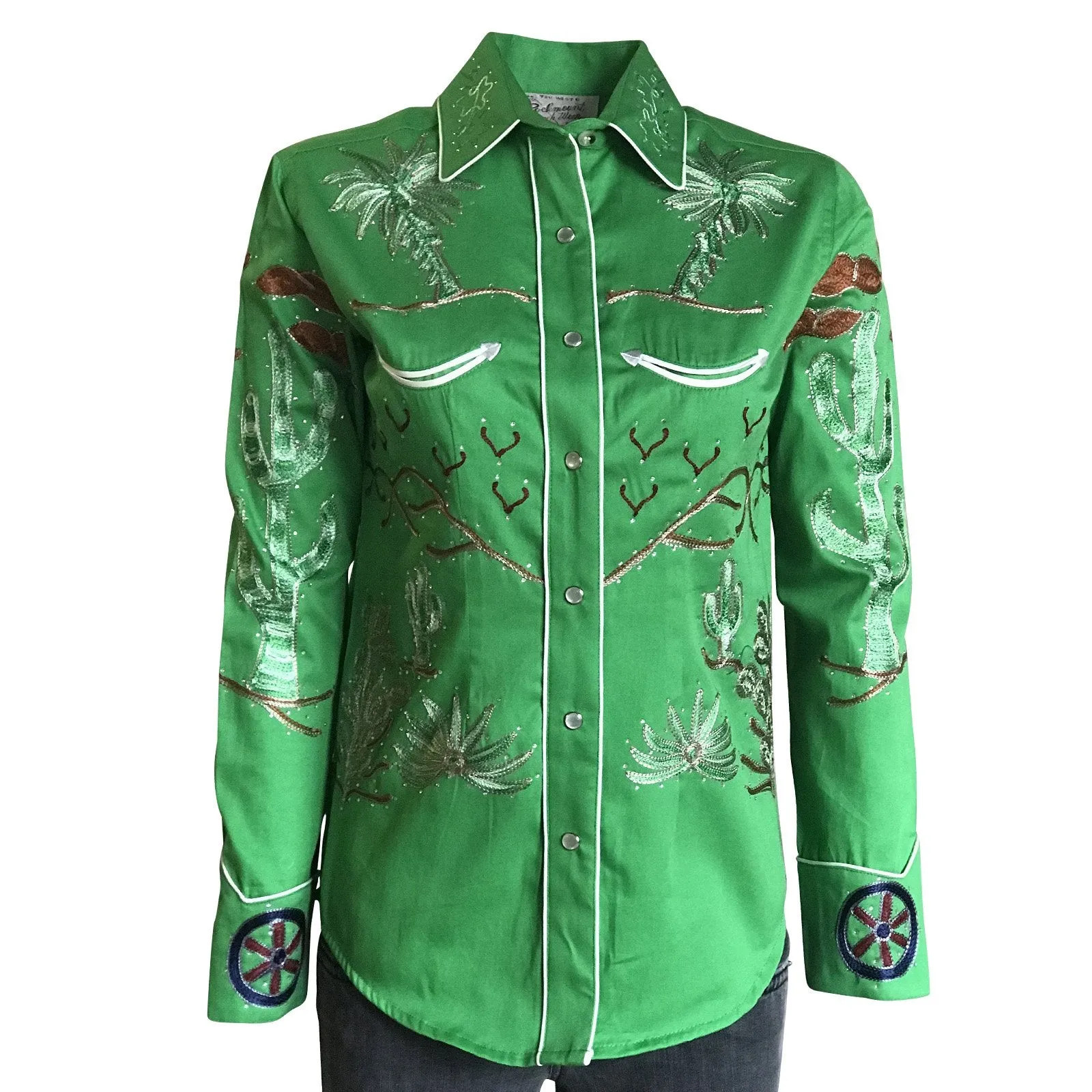 Women's Vintage Western Shirt Collection: Rockmount Fancy Palm Trees Wagon Wheels Green
