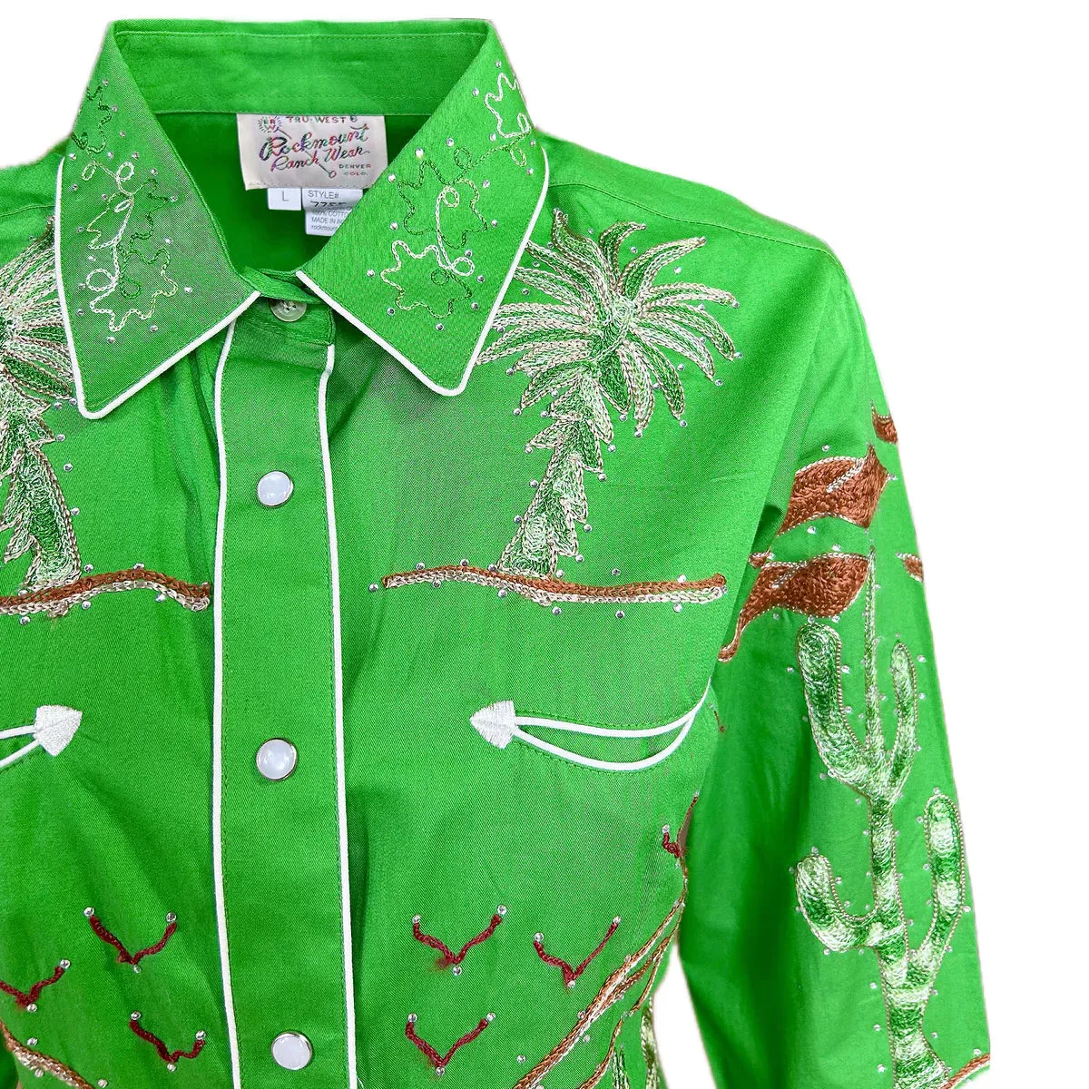 Women's Vintage Western Shirt Collection: Rockmount Fancy Palm Trees Wagon Wheels Green