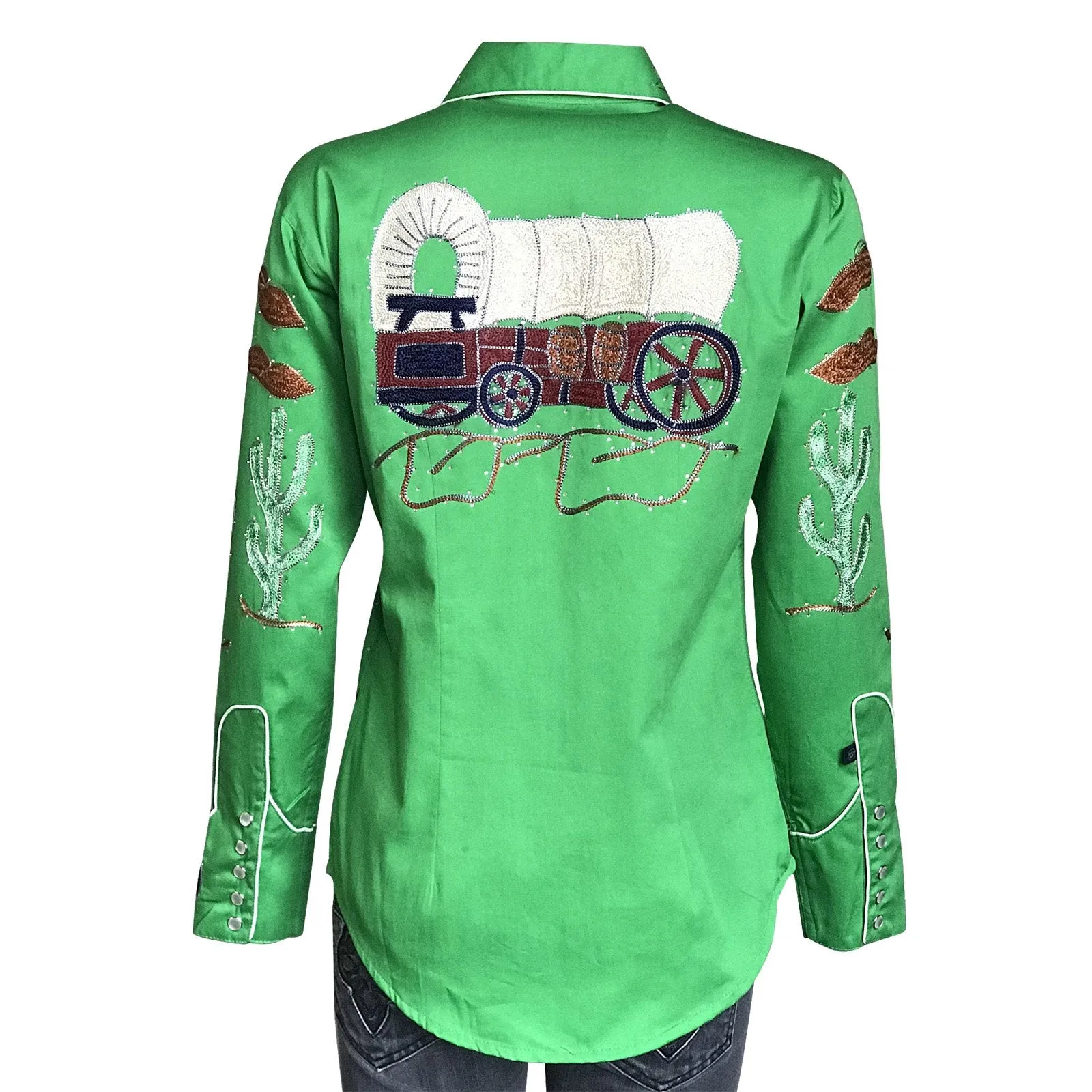 Women's Vintage Western Shirt Collection: Rockmount Fancy Palm Trees Wagon Wheels Green